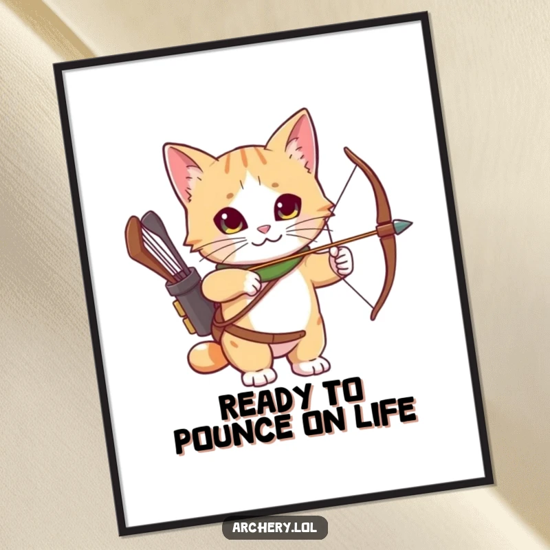 Funny Free Printable Wall Art: Curious cat wearing an archery quiver, looking alert and ready, with a playful expression.