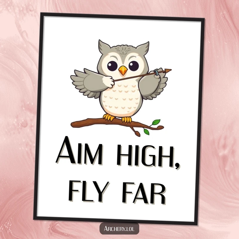 Funny Free Printable Wall Art: Joyful owl archer perched, aiming an arrow with impressive accuracy and focus.
