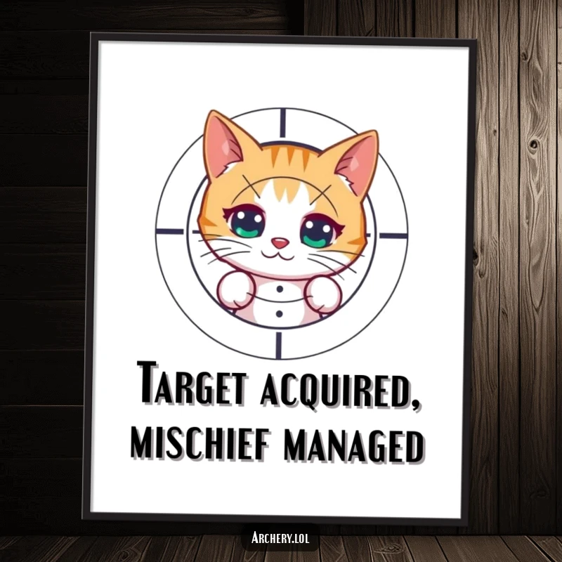 Funny Free Printable Wall Art of a curious cat peeking from behind a target, a bow and arrow nearby, whimsical decor.