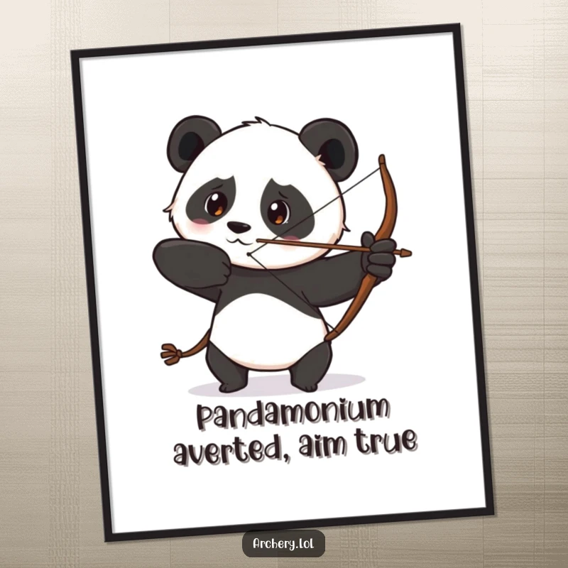 Funny Free Printable Wall Art: A determined panda draws its bow with a focused gaze, offering a humorous and precise decorative piece.
