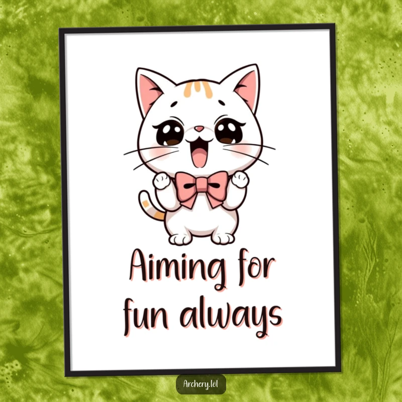 Funny Free Printable Wall Art: Determined cat character drawing back a bow with focused whiskers.