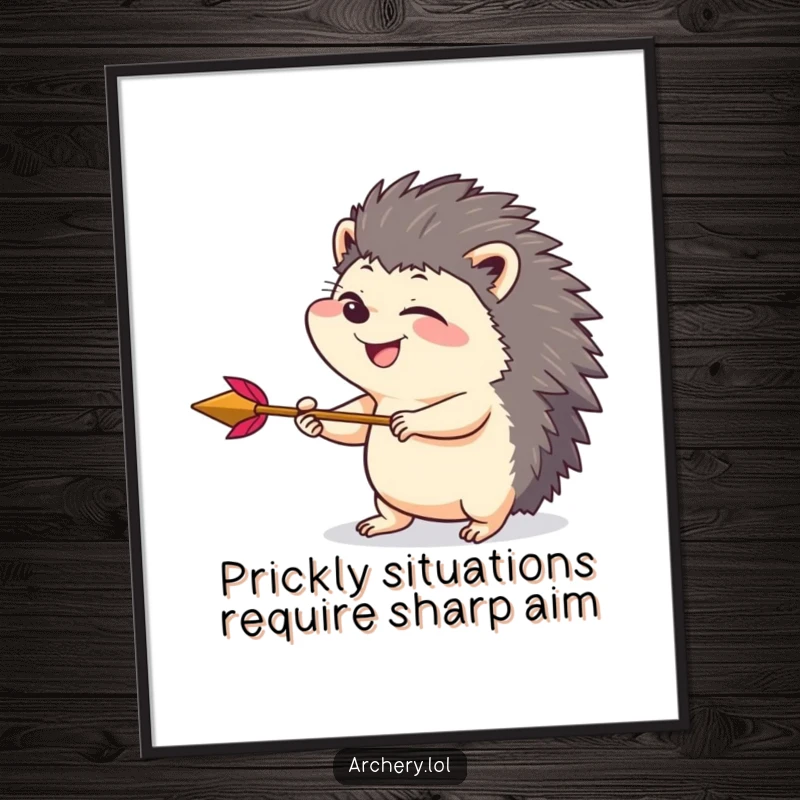 Funny Free Printable Wall Art: Giggling hedgehog draws back an arrow with playful intensity, aiming for a touch of whimsy.