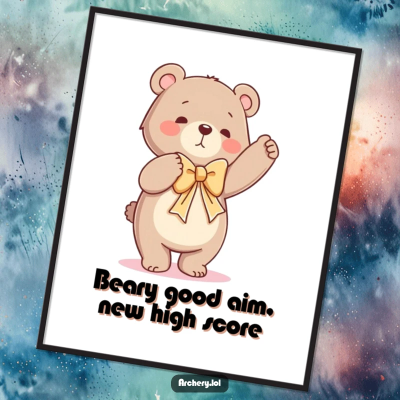 Funny Free Printable Wall Art: A comical bear drawing a large bow with great effort, perfect for adding humor to your decor.