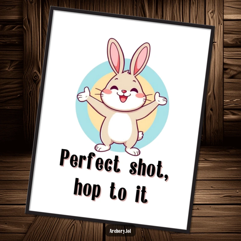 Funny Free Printable Wall Art: A cheerful rabbit celebrates hitting a bullseye, bringing quirky humor and success vibes to decor. Downloadable art.