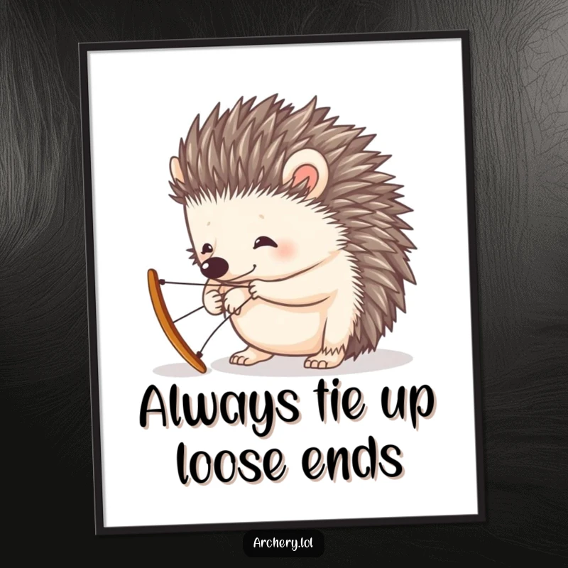 Funny Free Printable Wall Art: A curious hedgehog hilariously attempts to string a tiny bow, adding whimsical charm to any room.
