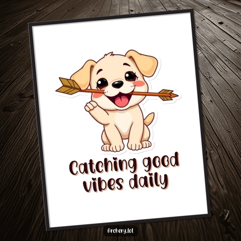 Funny Free Printable Wall Art: Delighted puppy catching an arrow in its mouth, radiating happiness and playful energy.