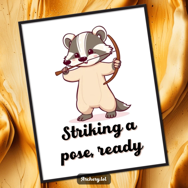 Funny Free Printable Wall Art: Intense badger standing tall, bow drawn, radiating determination and quirky charm.