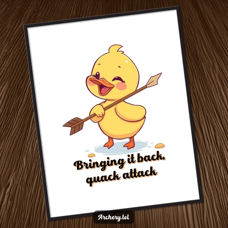 Funny Free Printable Wall Art: Adorable duckling giggling uncontrollably while chasing a flying arrow, full of joy.