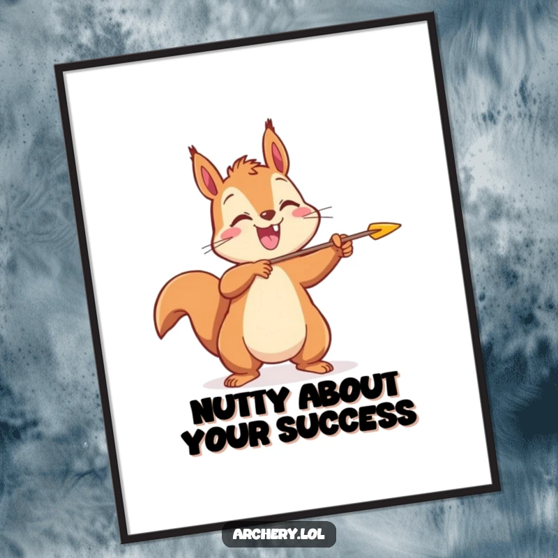Funny Free Printable Wall Art: Cheerful squirrel releasing an arrow with pure joy, a delightful piece of downloadable decor.