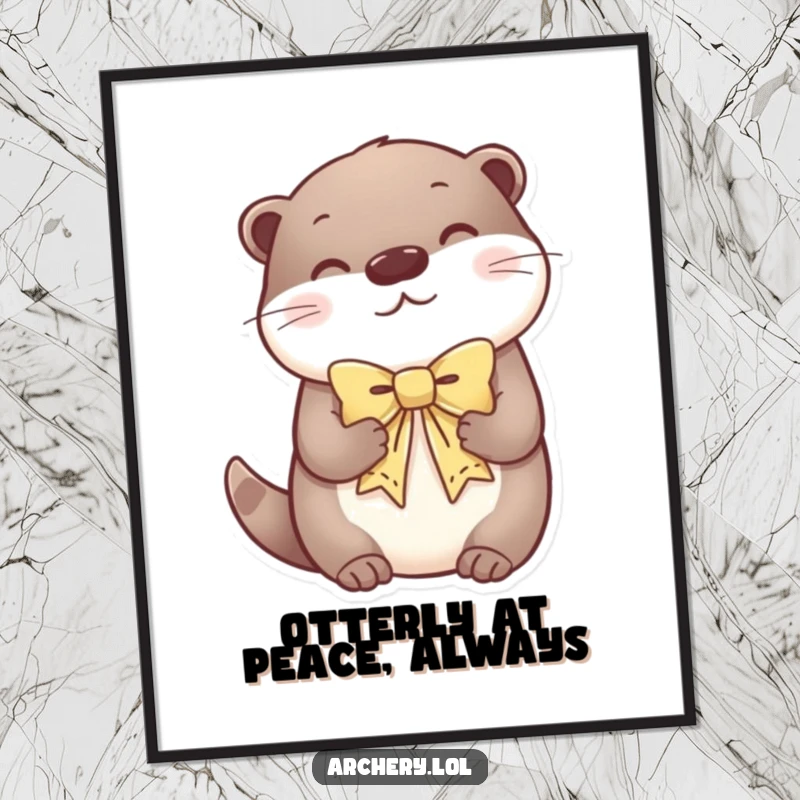 Funny Free Printable Wall Art: A content otter holds a decorative bow with a serene expression, adding calm humor to walls.
