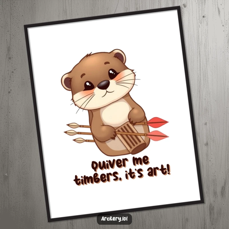 Funny free printable wall art of a curious otter peeking from behind arrows, showcasing playful archery humor.