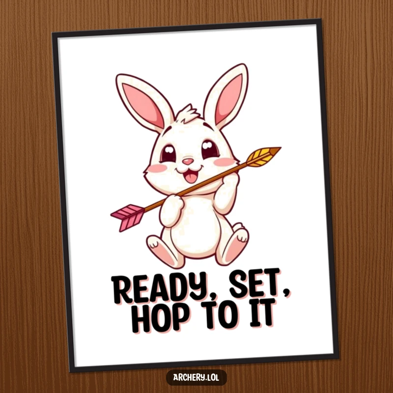 Funny Free Printable Wall Art: A cheerful bunny with bright eyes nocking an arrow, ready for adventure.