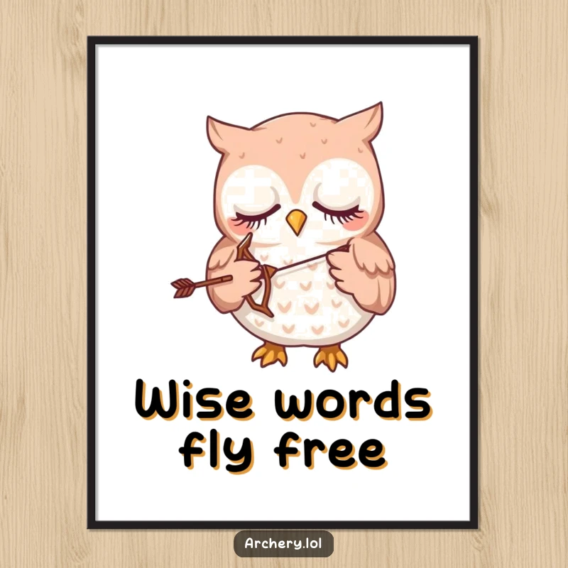 Funny Free Printable Wall Art: A very sleepy owl holding a tiny bow and arrow peacefully.