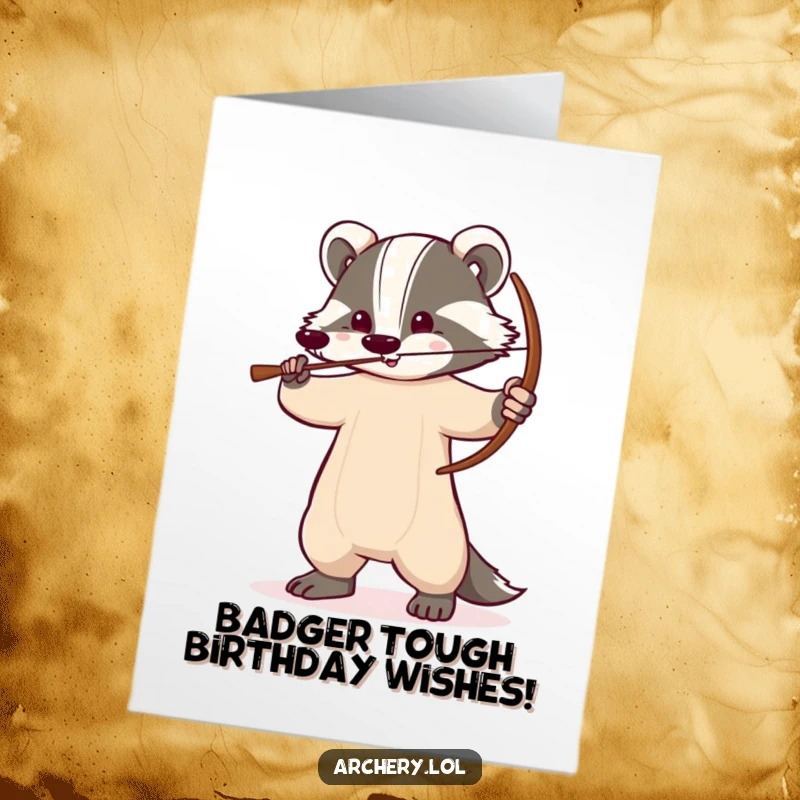 Funny Free Printable Birthday Card: Stoic badger standing tall, bow drawn, ready to celebrate your special day.