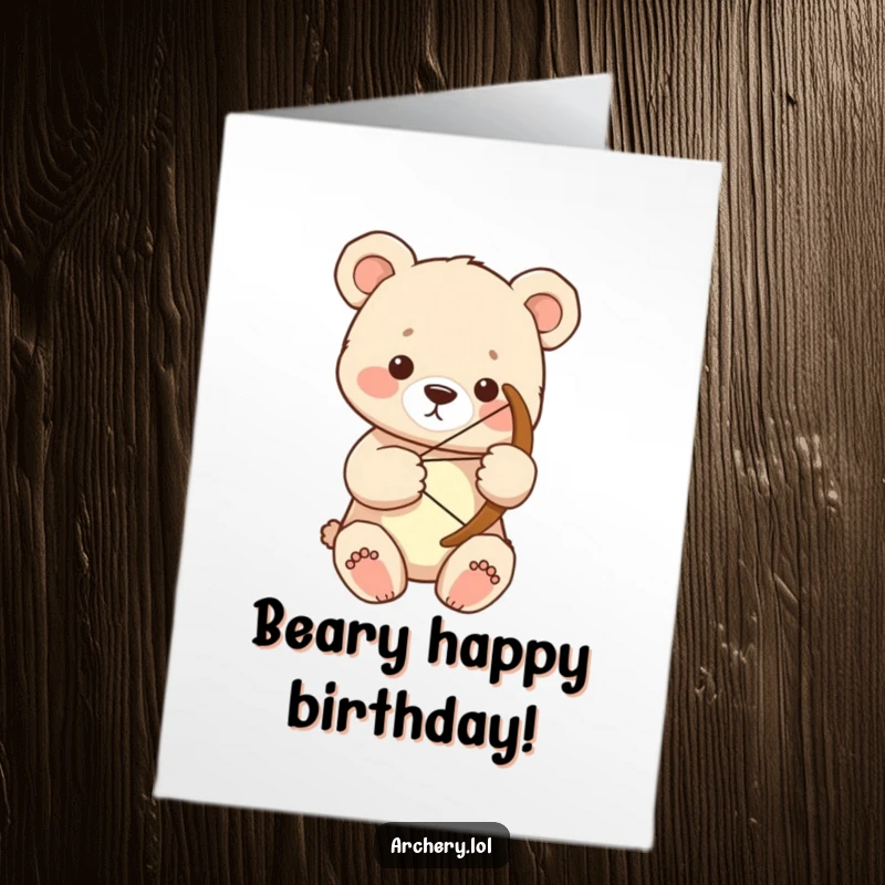 Funny Free Printable Birthday Card: A focused bear cub holding a large bow with both paws, ready for birthday fun.
