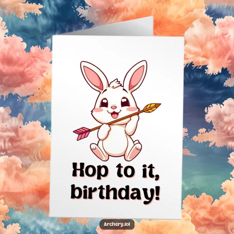 Funny Free Printable Birthday Card: A cheerful bunny with bright, eager eyes nocking an arrow, ready for birthday fun.