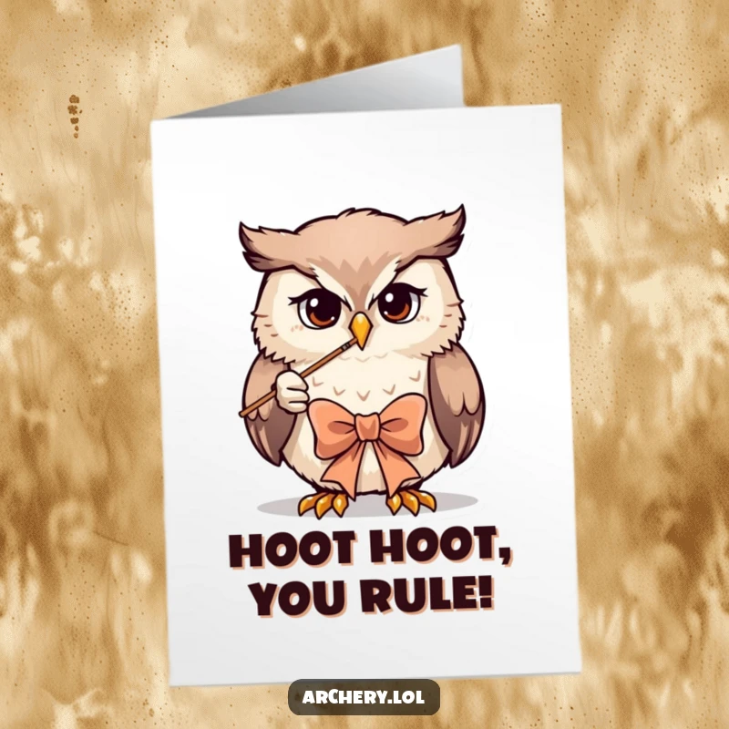 Funny Free Printable Birthday Card: Determined owl archer intensely drawing a bow, ready to shoot a smile.