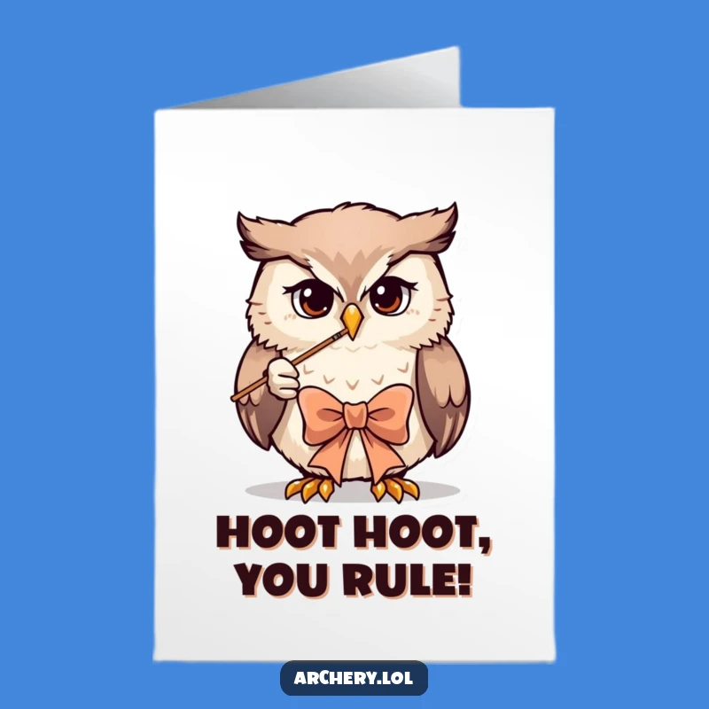 Free Printable Birthday Card: Focused Owl Archer Aiming for Fun - Downloadable Gift