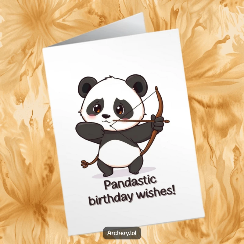 Funny Free Printable Birthday Card: A determined panda draws its bow with a focused gaze, aiming birthday wishes with humorous intensity.