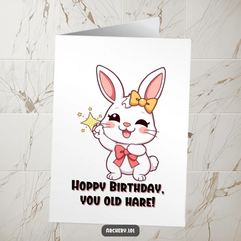 Funny Free Printable Birthday Card: Cheerful rabbit archer aims a sparkly bow with a joyful expression, ready to shoot some laughs.