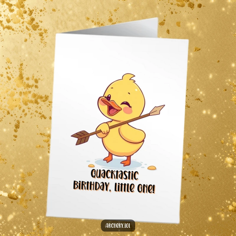 Funny Free Printable Birthday Card: Cute duckling giggling while retrieving a fast-flying arrow with enthusiasm.