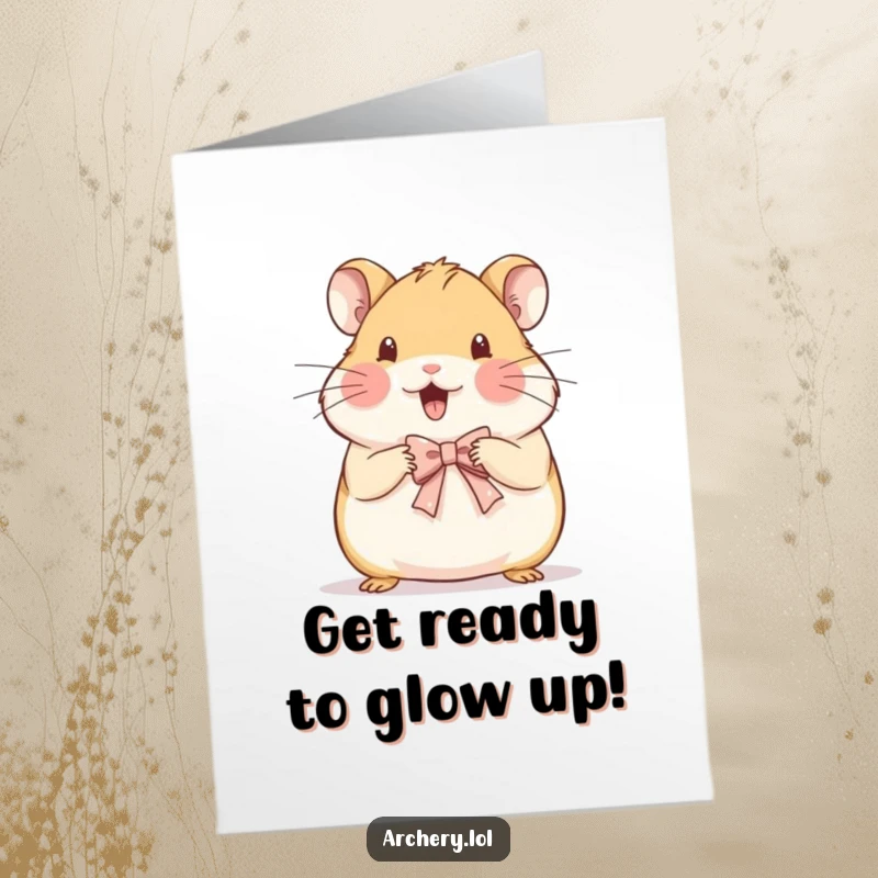 Funny Free Printable Birthday Card: A beaming hamster meticulously draws a very small, delicate bow, perfect for a special birthday wish.