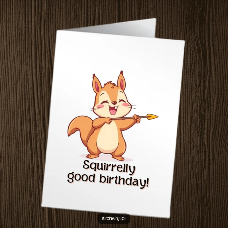 Funny Free Printable Birthday Card: Joyful squirrel releasing an arrow with a happy expression, celebrating a birthday.