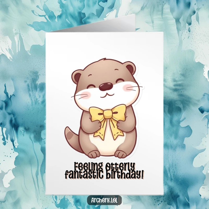 Funny Free Printable Birthday Card: A content otter serenely holds a decorative bow, embodying peaceful birthday wishes.
