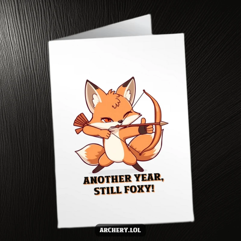 Funny Free Printable Birthday Card: A slyly winking fox strikes a dynamic archery pose, aiming for a fantastic birthday.