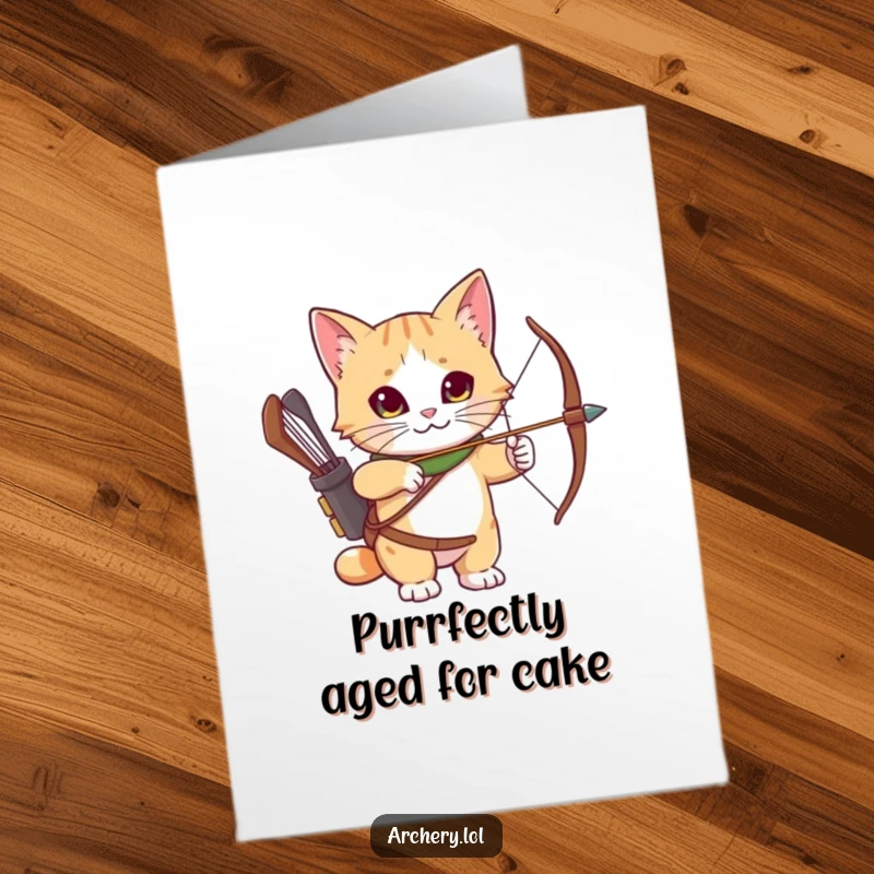 Funny Free Printable Birthday Card: Curious cat wearing an archery quiver, looking alert and ready for action.