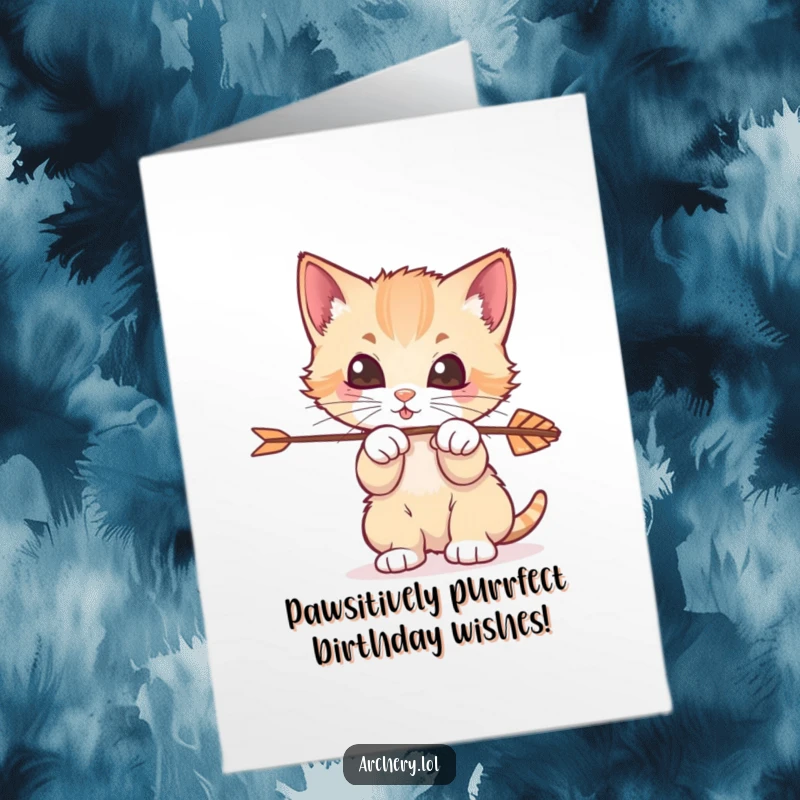 Funny Free Printable Birthday Card: Playful kitten batting an arrow, a whimsical and humorous DIY greeting for cat lovers.