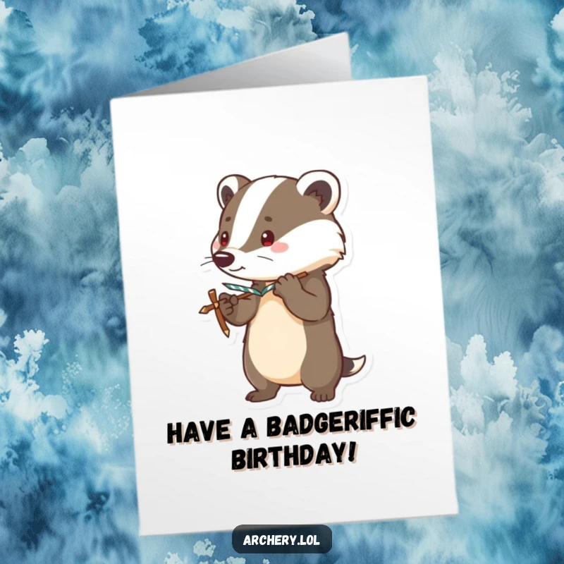 Funny Free Printable Birthday Card: A brave badger stands alert, bow drawn taut, ready to shoot good birthday wishes humorously.