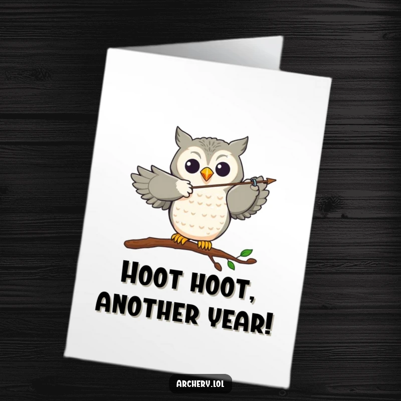 Funny Free Printable Birthday Card: Joyful owl archer aiming an arrow with a determined, accurate look.