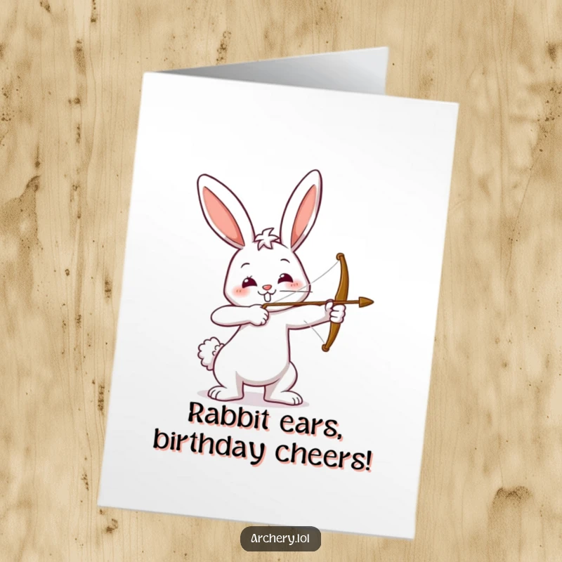 Funny Free Printable Birthday Card featuring a happy bunny archer drawing back a bow with a determined, smiling expression.