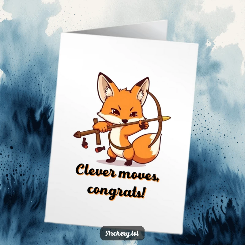 Funny Free Printable Congratulations Card: A determined fox in an archery pose, intently focused on celebrating your bullseye success.