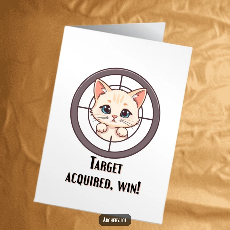 Funny Free Printable Congratulations Card: Curious cat peeking from behind a target, celebrating success with intrigue.