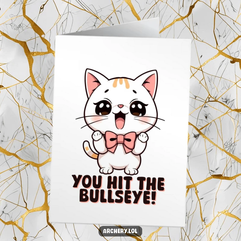 Funny Free Printable Congratulations Card showing an excited cat pulling back an arrow with intense focus.