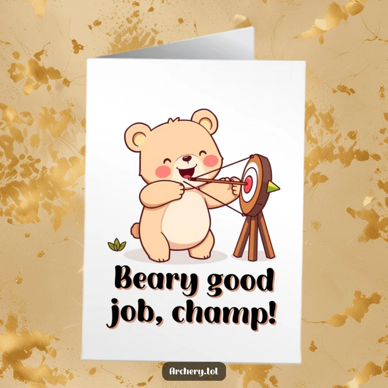 Funny Free Printable Congrats Card: Happy bear aiming an arrow at a target, celebrating success with a smile.
