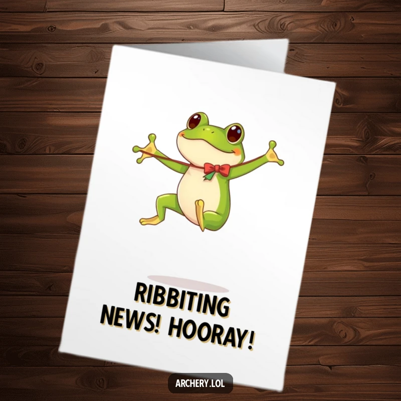 Funny Free Printable Congratulations Card: A frog energetically bouncing while holding a flimsy bow.