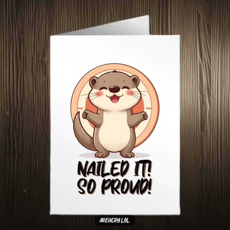 Funny Free Printable Congratulations Card: Cheerful otter standing proudly beside a target, signifying a successful achievement and a job well done.