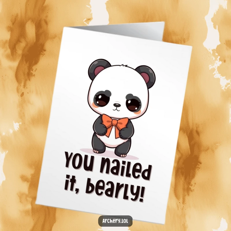 Funny Free Printable Congratulations Card: A serious but cute panda balances a bow, celebrating their big win.