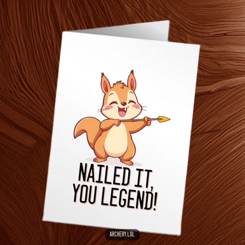 Funny Free Printable Congratulations Card: Cheerful squirrel releasing an arrow with joy, celebrating a successful moment.