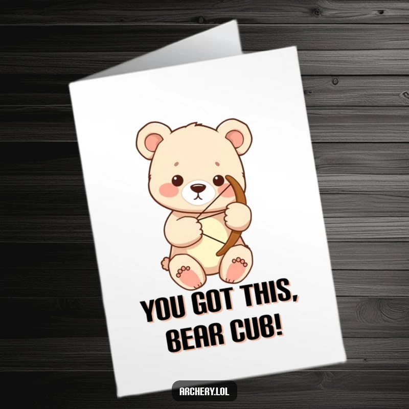 Funny Free Printable Congratulations Card: A focused bear cub holding a large bow, symbolizing strength and success.