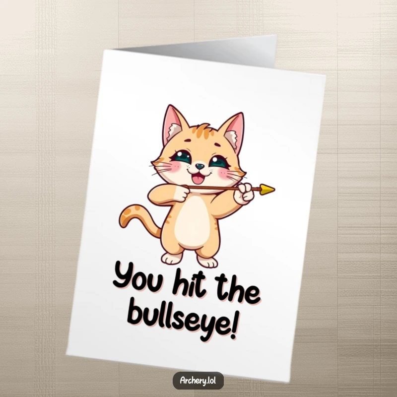Funny Free Printable Congratulations Card: A smiling cat protagonist shoots a playful arrow, celebrating their amazing accomplishment.