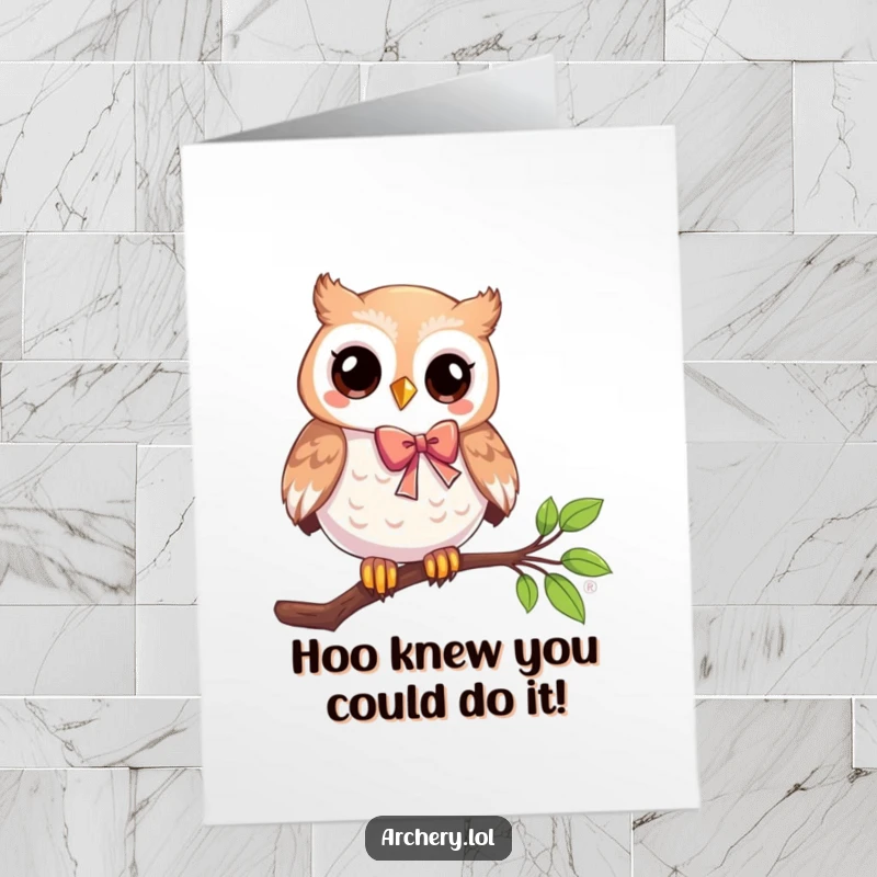 Funny Free Printable Congratulations Card: A playful owl perched on a branch holds a bow, symbolizing success humorously. Downloadable gift.