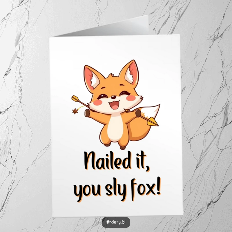 Funny Free Printable Congratulations Card: A triumphant fox releasing an arrow, celebrating a major win with a huge grin.