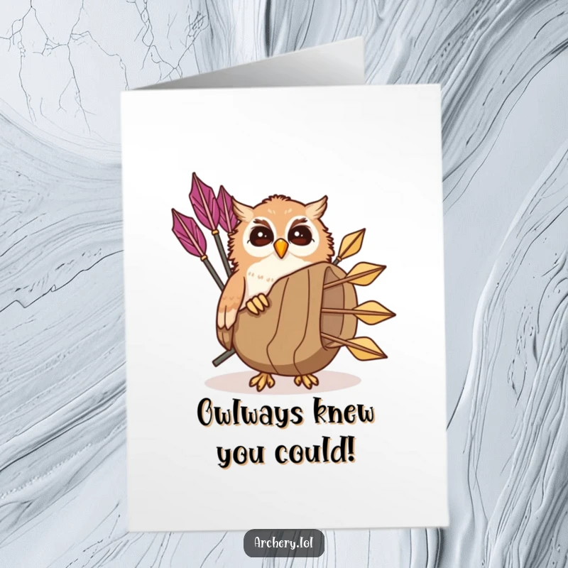 Funny Free Printable Congratulations Card: A giggling owl peeks from behind a quiver, celebrating their achievement.
