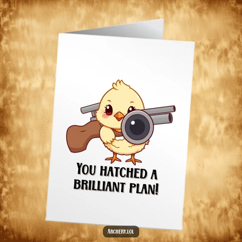 Funny Free Printable Congratulations Card: A curious chick peeks from behind a quiver, offering congratulations with humor. Downloadable gift.