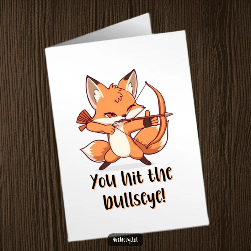 Funny Free Printable Congratulations Card: A winking fox assumes a dynamic archery pose, celebrating their successful target.