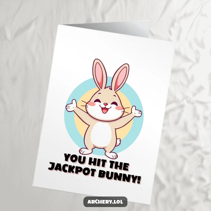 Funny Free Printable Congratulations Card: A cheerful rabbit celebrates hitting a bullseye, symbolizing achievement with humor. Downloadable gift.